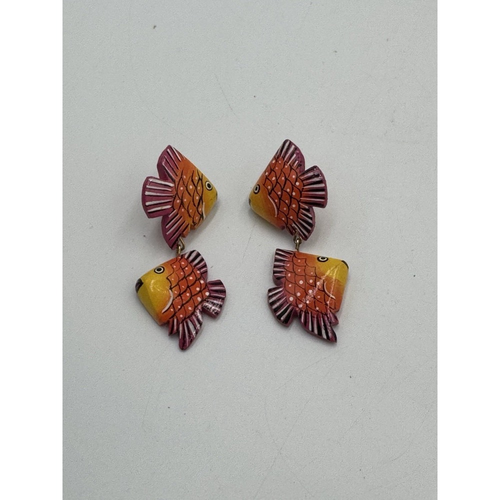 Colorful Hand-Painted‎ Carved Wood FISH 2-Tier Dangle Hook Earrings 2-1/4"